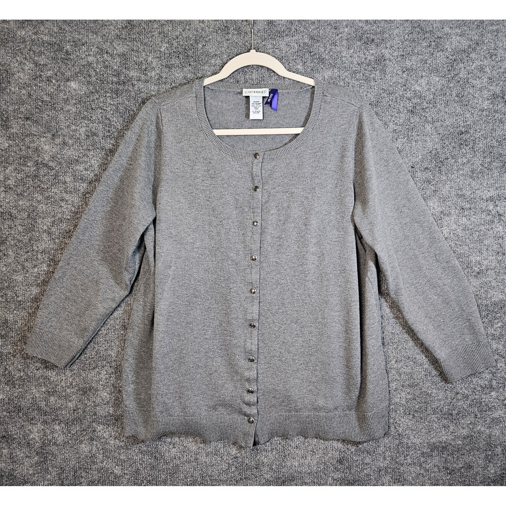 CATHERINES Cardigan Womens 0X Petite Gray Cotton Glass Snap Buttons Everyday